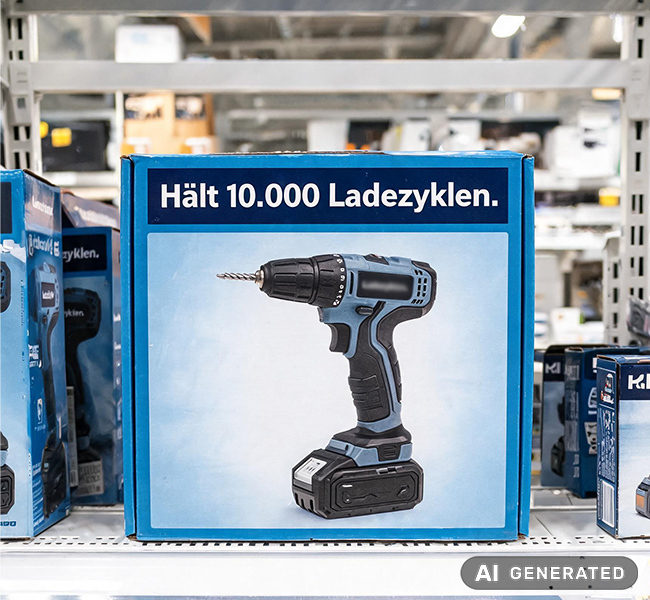Ein Foto von einem Akkuschrauber-Karton „10.000 Ladezyklen“.