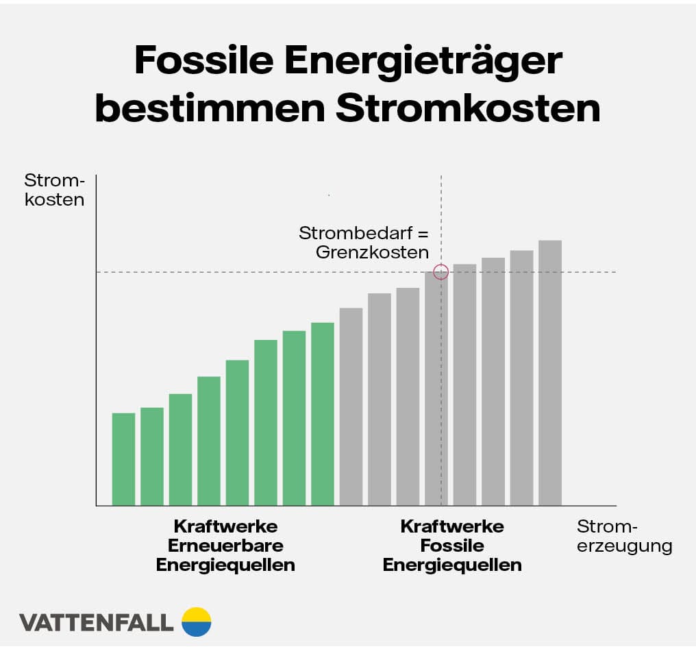 Balkendiagramm zeigt, dass fossile Energieträger die Stromkosten bestimmen.