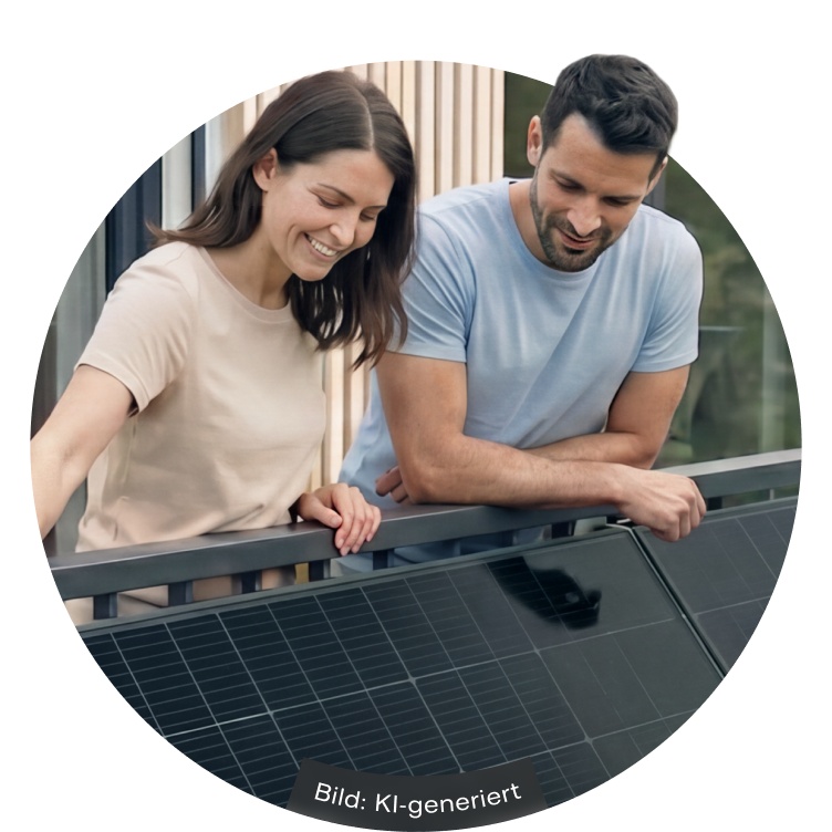 Zum Angebot: 'Solar Deals: Balkonkraftwerke und Speicher jetzt reduziert'. Bild im Hintergrund: Ein junges Pärchen auf einem Balkon mit montierten Solarpanelen.(Bild-Info: KI-generiert).