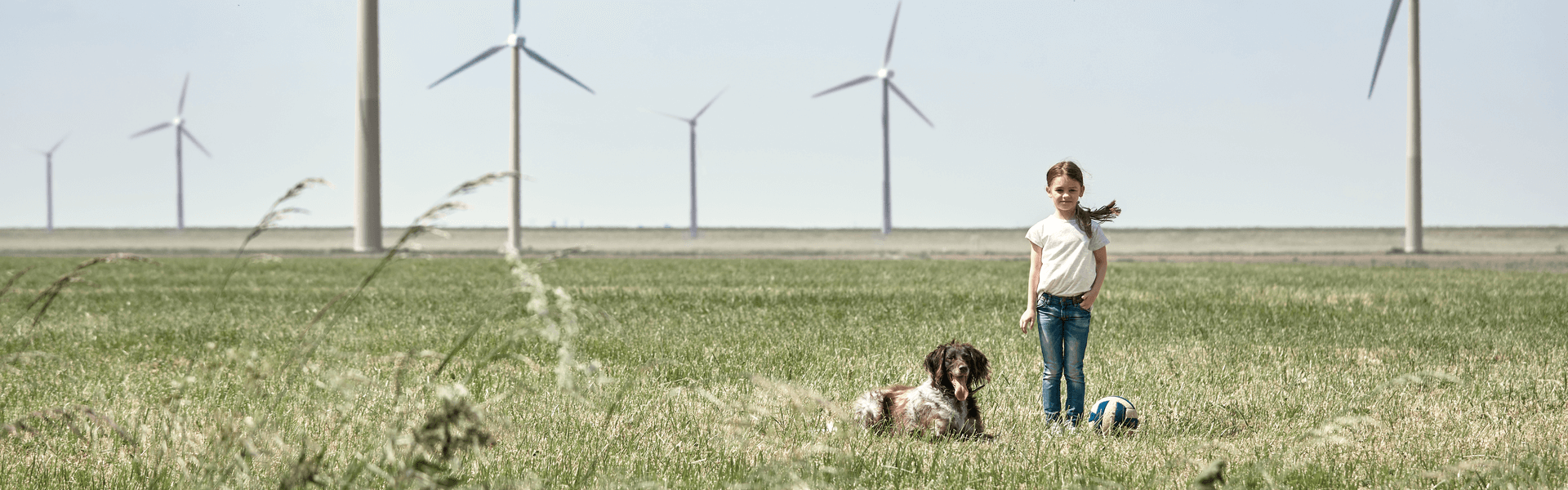 Ein Mädchen steht auf einer sommerlich grünen Wiese. Neben ihr sitzt ein Hund und ein Volleyball im Gras . Im Hintergrund stehen mehrere Windräder.