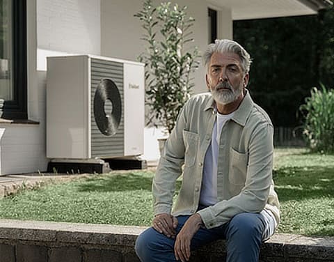 Ein Mann mit einem grauen Bart sitzt vor seinem Haus im Garten. Im Hintergrund ist eine moderne Wärmepumpe.