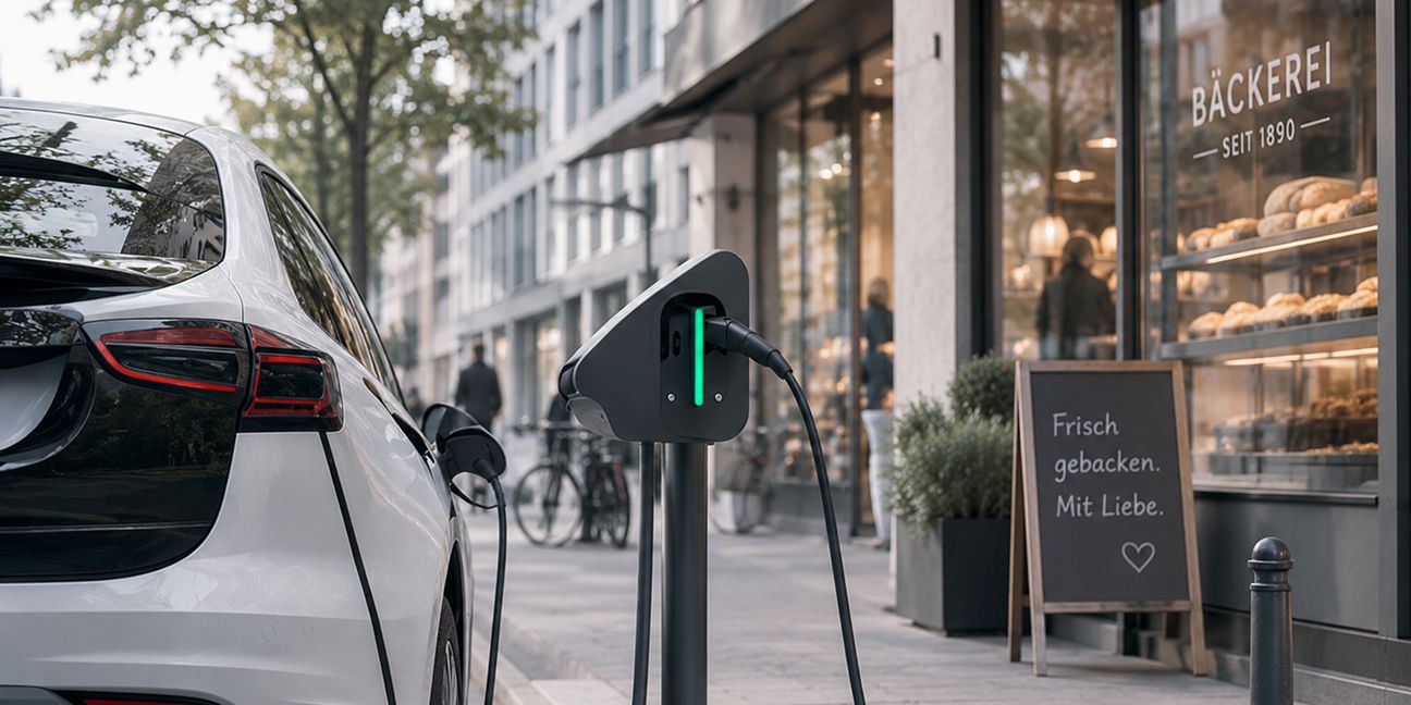 Dieses Bild zeigt ein ladendes Elektroauto vor Stadtkulisse (Bild-Info: KI-generiet) (Bild-Info: KI-generiert)