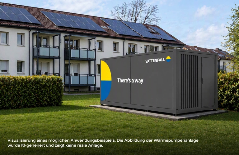 Wärmepumpe steht vor einem Wohnblock