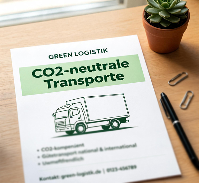 Ein Foto von einem Flyer „Co2-neutrale Transporte“. (Bild-Info: KI-generiert)