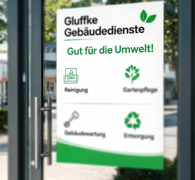 Ein Foto von einem Gebäudedienste-Schild „Gut für die Umwelt“. (Bild-Info: KI-generiert)