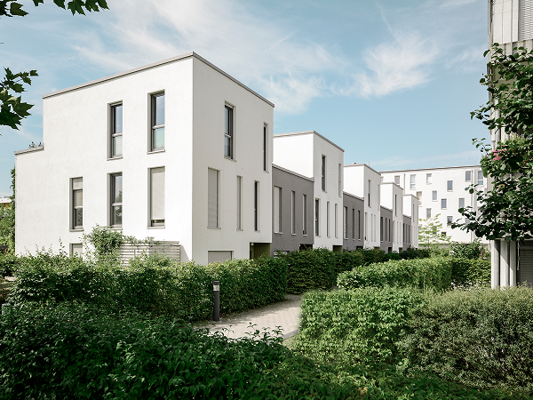 Moderne weiße Reihenhäuser mit großen Fenstern, umgeben von grünen Hecken und Bäumen entlang eines Fußwegs unter blauem Himmel.
