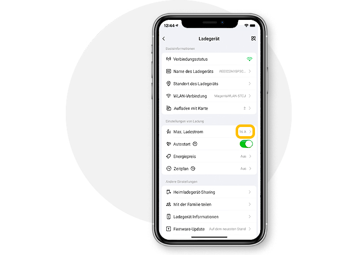 Ladestrom in der App einstellen