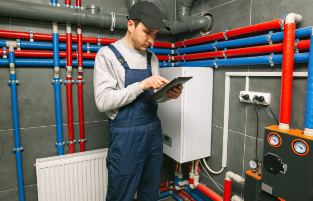 Der Techniker überprüft die Heizungsanlage im Heizungsraum mit einem Tablet in der Hand