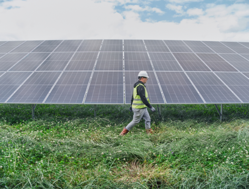 Mann in Arbeitskleidung vor Photovoltaik-Anlagen