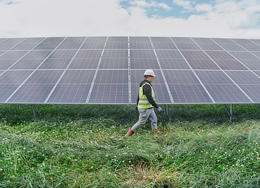 Mann in Arbeitskleidung vor Photovoltaik-Anlagen