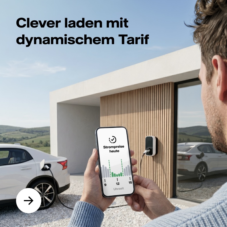 Zu unseren dynamischen Tarifen. Bild im Hintergrund: Dynamischer Strompreis auf Handyscreen. (Bild-Info: KI-generiert)