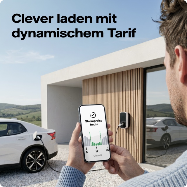Zu unseren dynamischen Tarifen. Bild im Hintergrund: Dynamischer Strompreis auf Handyscreen. (Bild-Info: KI-generiert)