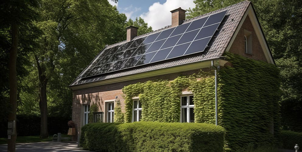 Haus im Grünen mit Solarmodulen auf dem Dach.