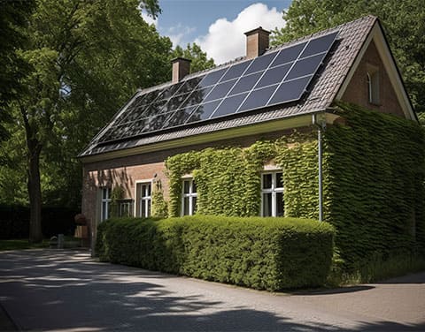 Haus im Grünen mit Solarmodulen auf dem Dach.