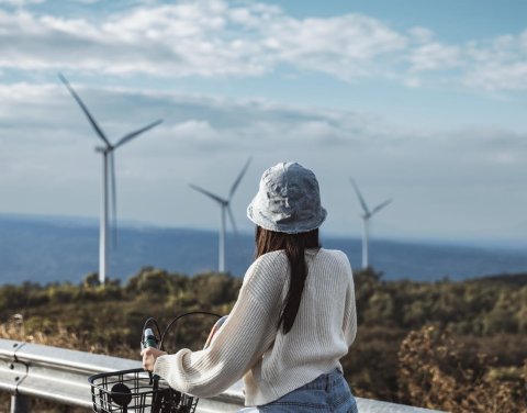 Eine Person von hinten auf dem Fahrrad. Sie schaut richtung Meer auf einen Onshore-Windpark.