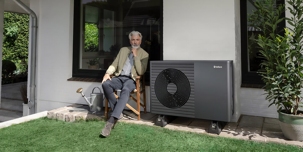 Ein Mann sitzt vor einem Haus. Neben ihm steht eine schwarze Wärmepumpe.
